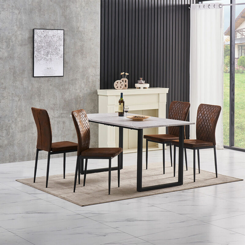 Grey Dining Table and Chairs 4 Set Dining Room Chair Kitchen Home Office(table+4 Brown suede chairs) - Ainpecca