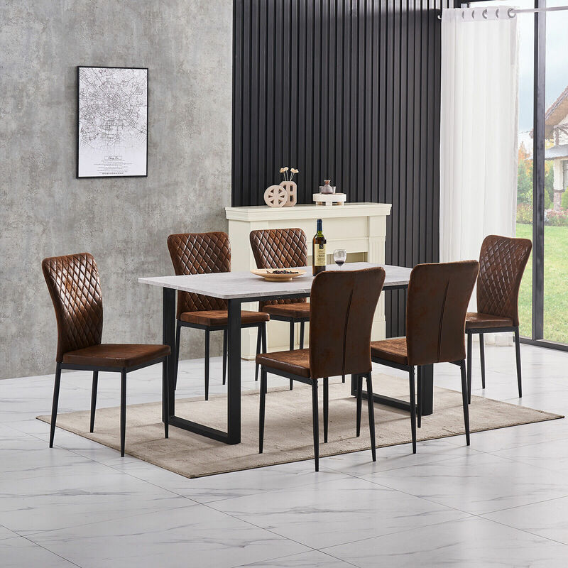 AINPECCA Grey Dining Table and Chairs 6 Set Dining Room Chair Kitchen Home Office(table+6 Brown suede chairs)