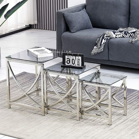 AINPECCA End Table Stainless Steel Side table with Clear Tempered Glass Design Living room