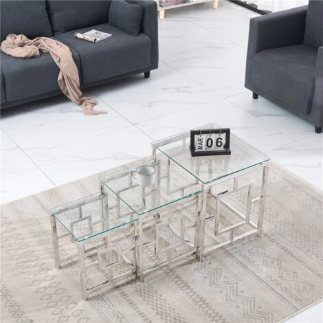 AINPECCA Nest of 3 Tables Coffee Table 3 Set Unit Clear Tempered Glass Table Top Side End coffee table(Clear glass+silver legs)