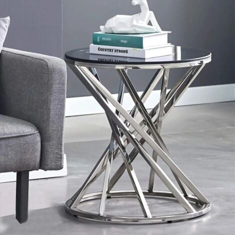 AINPECCA Round Sofa Side Table End Table Stainless Steel with Dark Grey Tempered Glass Design Living Room (silver)