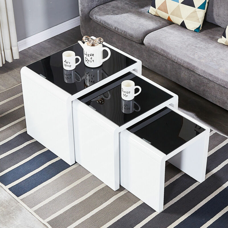 Coffee Side Tables Set Of 3,High Gloss Coffee Table,Nesting Tables,Mdf And Glass,White Black