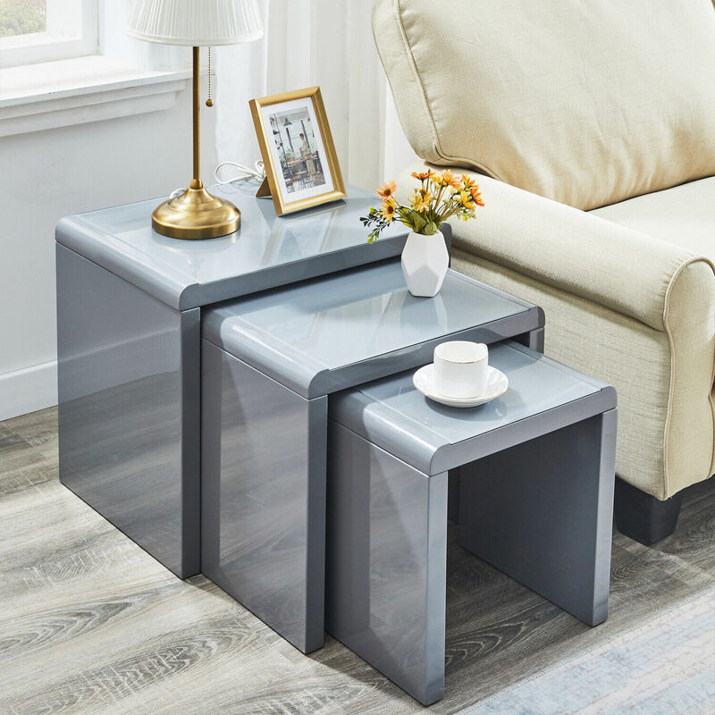 Coffee Side Tables Set Of 3,High Gloss Coffee Table,Nesting Tables,Mdf And Glass,Grey