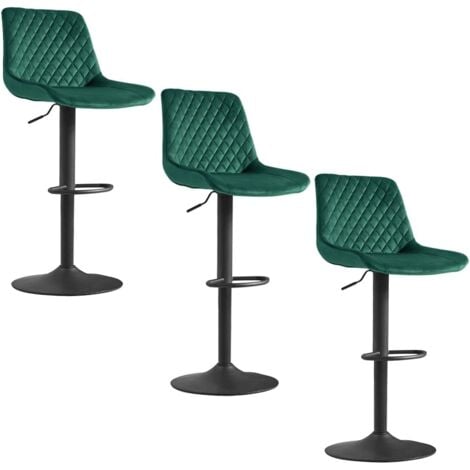 AINPECCA Velvet Green Bar Stools Set of 3 Modern Swivel Height Adjustable Barstools with Black Metal, Armless Large Padded Cushion Breakfast Counter Chairs for Kitchen Island, Pub, Restaurant, Café