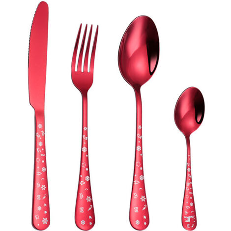 Aiperq 4 Pieces Red Silverware Set Stainless Steel Mirror Cutlery Set Spoon Fork Knives Unique Christmas Pattern Dishwasher Safe