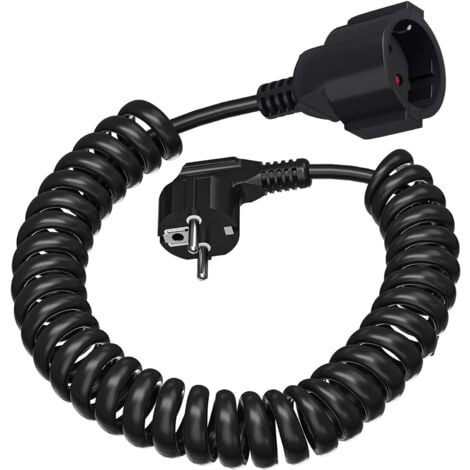 AIPERQ Extension Cable, Spiral Cable with Protective Contact Extendable from 0.6m to 2m Max, IP20 Power Cable (220V/16A), 3 x 1.0 mm² Spiral Cable with Plug, Black