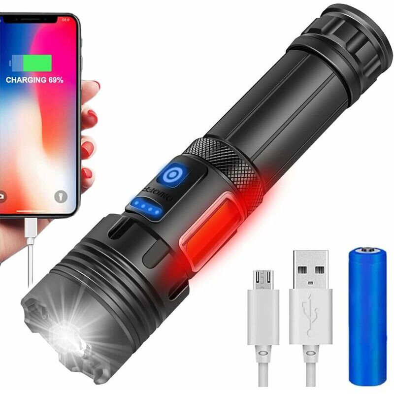 Lampe de poche led ultra puissante, lampe de poche tactique XHP70.2 10000 lumens avec piles rechargeables Zoomable étanche 3 modes d'éclairage + 4