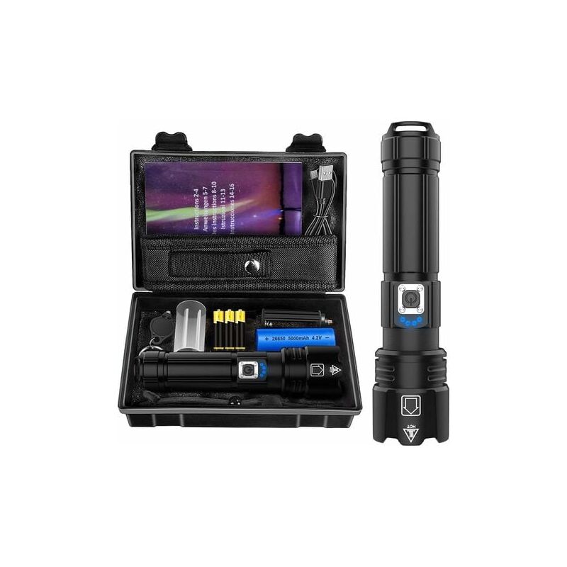 Aiperq - Lampe Torche led Ultra Puissante, 10000 Lumens Rechargeable, IP67 Étanche Lampe Tactique, P70 Torches 5 Modes, Zoomable, pour Camping