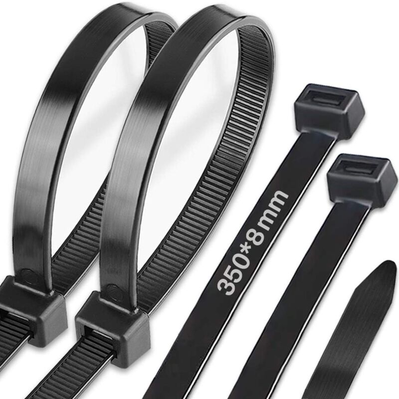 Lot de 100 colliers de serrage longs - 350 mm x 8 mm - Résistants aux uv - Résistants à la traction de 50 kg - Noir - Aiperq