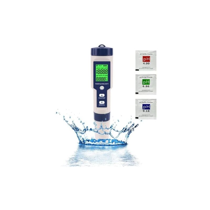 Ph-mètre Testeur ph Electronique, Testeur Eau Piscine 5 en 1 avec Rétro-éclairage, PH/TDS/EC/Salinité/TempmèTre avec atc, ph Metre Haute Précision de
