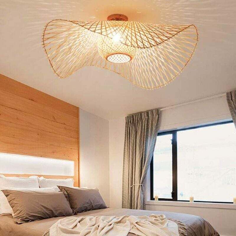 AIPERQ Plafonnier vintage en bambou avec chapeau de paille, luminaire de salle à manger, en osier et en rotin, luminaire d'entrée, luminaire suspendu
