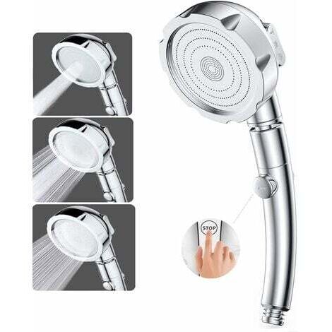 Aiperq Pommeau de Douche Douchette Pommeau de Douche Haute Pression 3 Modes Douche Salle de Bain ABS Acier Inoxy avec Bouton STOP Type Universel Haute Pression Economie d'Eau