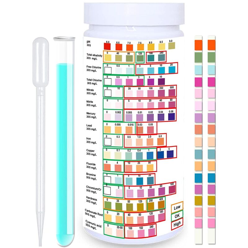 Aiperq - Test D'eau Potable 16 en 1 - Bandes de Test Chimiques Précises pour Aquarium, Piscine, Puits et Eau du Robinet - Test du pH, de la Dureté,