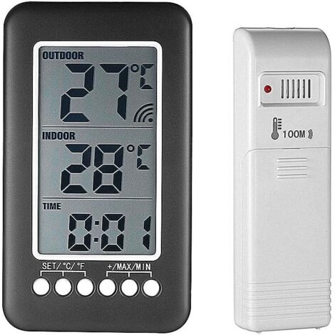 Aiperq Thermomètre interieur exterieur sans fil avec horloge Numérique station meteo sans fil avec capteur extérieur, black friday 2020 Moniteur de Température Affichage LCD intelligent ° C / ° F