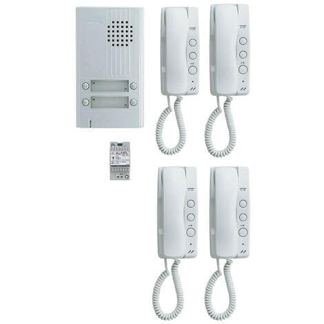 Aiphone – Kit audio 4 combinés avec platine alu saillie 4 BP – Alimentation 2 fils – Communication bidirectionnelle – Gâche électrique intégrée