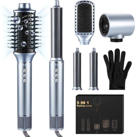 Air Brush 5 en 1 Hair Styler Airbrush,1400W Seche Cheveux avec Airbrush Cheveux,Brosse Lissante,Fer a Boucler, pour Sécher, Boucler, Lisser, Femmes,200 Millions d'ions Négatifs -Gris