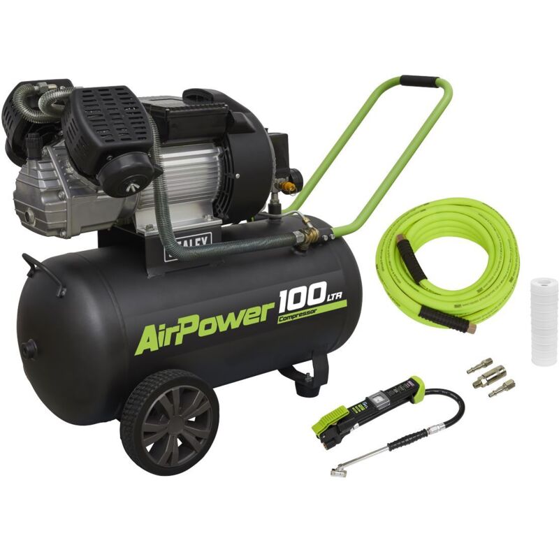 Sealey - SAC10030VEKIT 100L Direct Drive V-Twin Air Compressor 3hp with Air Accessory Kit