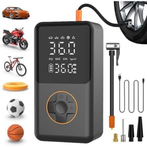 Air compressor for tire inflation. Car tire inflator compressor with pressure gauge. Smart rechargeable cordless electric air pump with dual display.