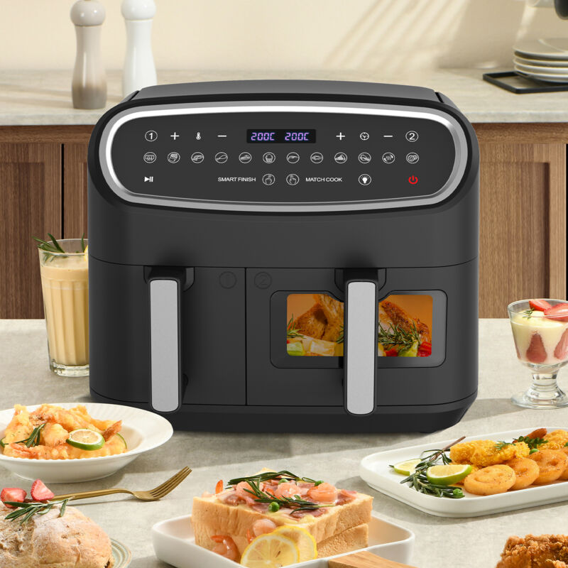 Air Fryer 10L Friteuse sans Huile - Double Cuve (4L+6L) - 2800W - 12 Modes de Cuisson - Écran led - Noir