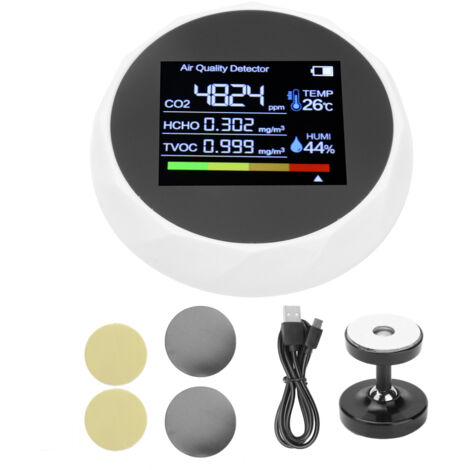 Air Quality Detector Multifunction TVOC CO2 Detector Digital Temperature Humidity Meter USB ChargingWhite