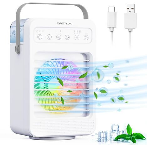 Aire acondicionado portátil, enfriador de aire, aire acondicionado móvil silencioso, giratorio 70°, 4 velocidades, tanque de agua de 600 ml, modo de luz nocturna