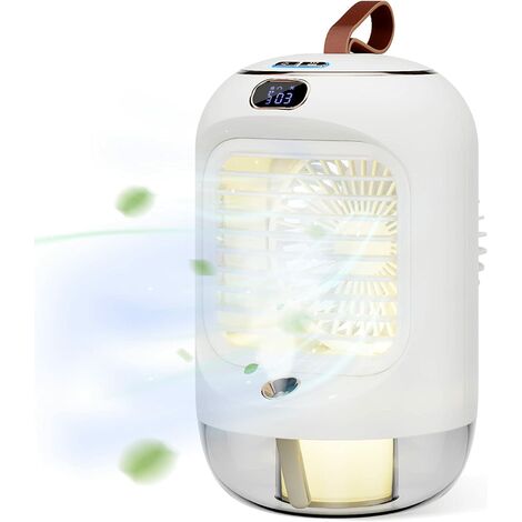Aire acondicionado portátil, mini enfriador de aire 4 en 1 con 3 velocidades, luz nocturna, oscilación de 180°, humidificador recargable para dormitorio, oficina, camping, barbacoa