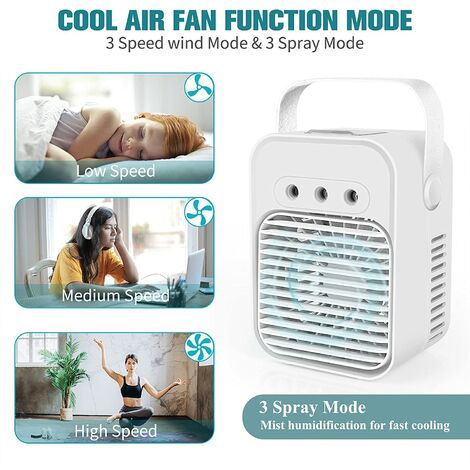 Aire acondicionado portátil, mini enfriador de aire personal USB, ventilador, humidificador, 3 velocidades ajustables, con luz nocturna, enfriador de aire móvil para el hogar/oficina/exterior