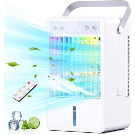 Aire acondicionado portátil ultrasilencioso, mini enfriador de aire USB con control remoto: 5 velocidades ajustables y 3 modos, temporizador de 2 a 10 horas, LED RGB de 7 colores, enfriamiento rápido 