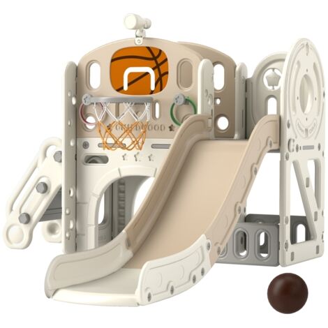 Aire de jeu d’intérieur 7-en-1 pour enfants - Toboggan, tunnel, espace de rangement et panier de basket - 186x153x111 cm - crème