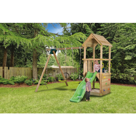 Aire de jeu en bois avec module pour 2 balançoires - Toboggan de 1m75  - Bac a sable - Mur d'escalade