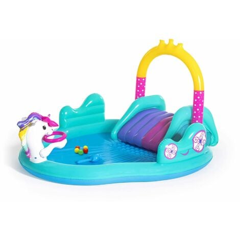 Aire de jeu gonflable avec toboggan et fontaine. pataugeoire de 274 x 198 x 137 cm. balles en plastique incluses - Bleu