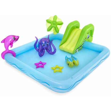 Aire de jeu gonflable avec toboggan, fontaine et jet d’eau, pataugeoire de 239 x 206 x 86cm, dauphin, poissons, pieuvre et anneaux gonflable - Bleu