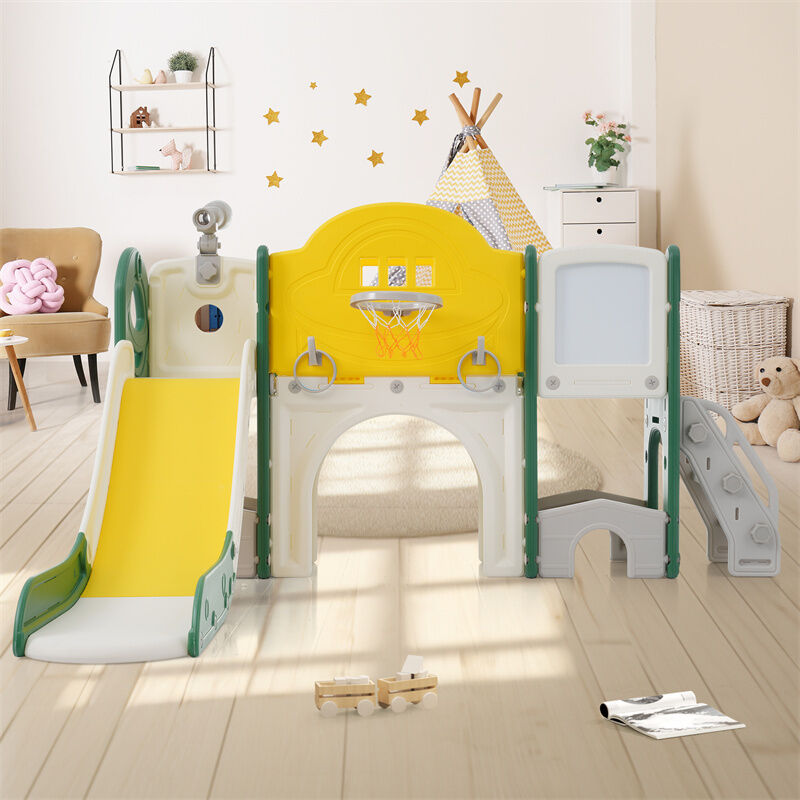 Aire de jeu pour enfants, avec toboggan, autoportant, escalade, jeu de forage, couloir de jeu, panier de basket, télescope, vert