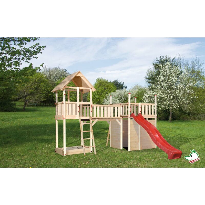 Aire de jeu en bois WEKA avec plateforme, pont, tour de jeu et toboggan