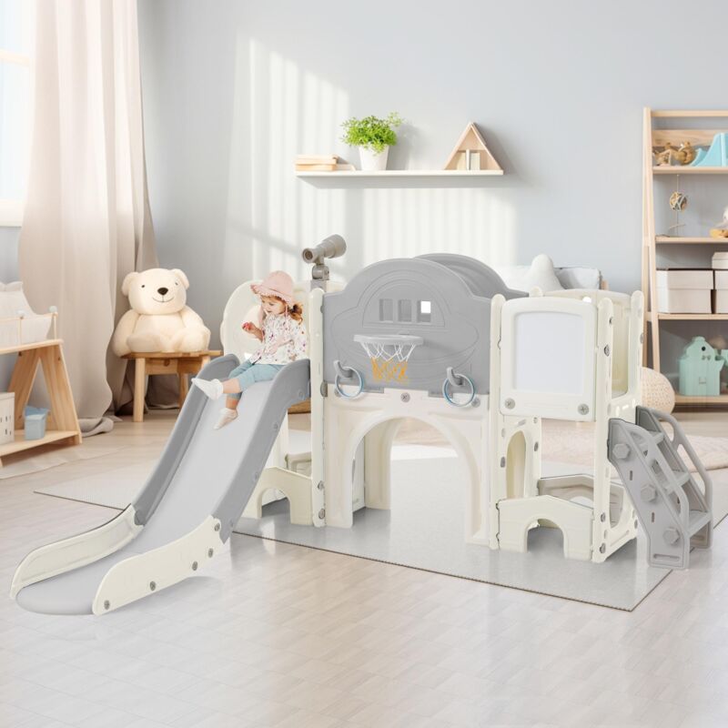 Dans Les Nuages - Aire de jeux 10 en 1, avec toboggan, panier de basket, lasso, jeu de golf, jumelles, échelle, en hdpe, Convient pour l'intérieur et