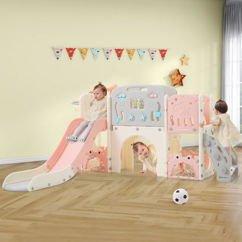 Aire de jeux 11 en 1, avec toboggan, panier de basket, tunnel de passage, télescope, rangement de jouets, mini but de football, structure d'escalade.