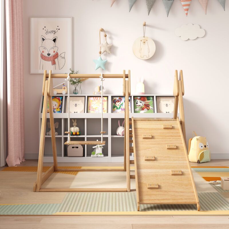 Tanant - Balançoire 3 en 1 - pin massif, Toboggan pour enfants avec balançoire, portique d'escalade, Toboggan, jouets en bois pour enfants, jouets