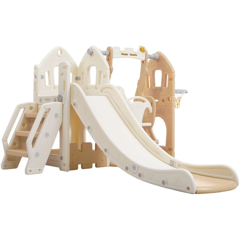 Aire de jeux 5 en 1, toboggan pour enfants avec balançoire, escalade, espace de rangement, balançoire, panier de basket, toboggan intérieur - marron