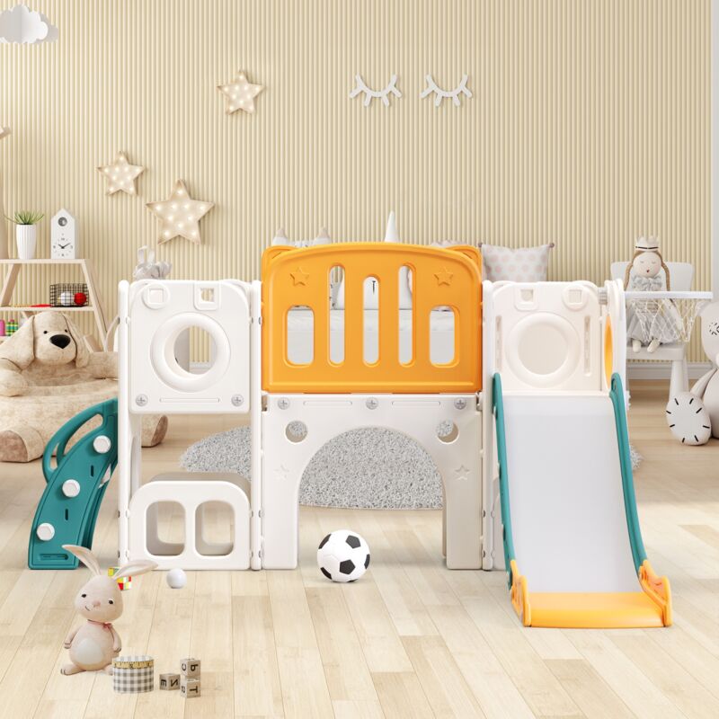 Aire de jeux 6 en 1, avec 1 toboggan, 2 plateformes, 2 casiers, panier de basket, escaliers, convient pour l'intérieur et le jardin - Vert (ballon
