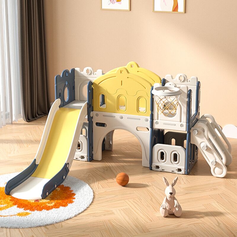 Aire de jeux 6 en 1, avec toboggan, panier de basket, échelle de grimpe, tunnel, en hdpe, Convient pour l'intérieur et l'extérieur - Bleu