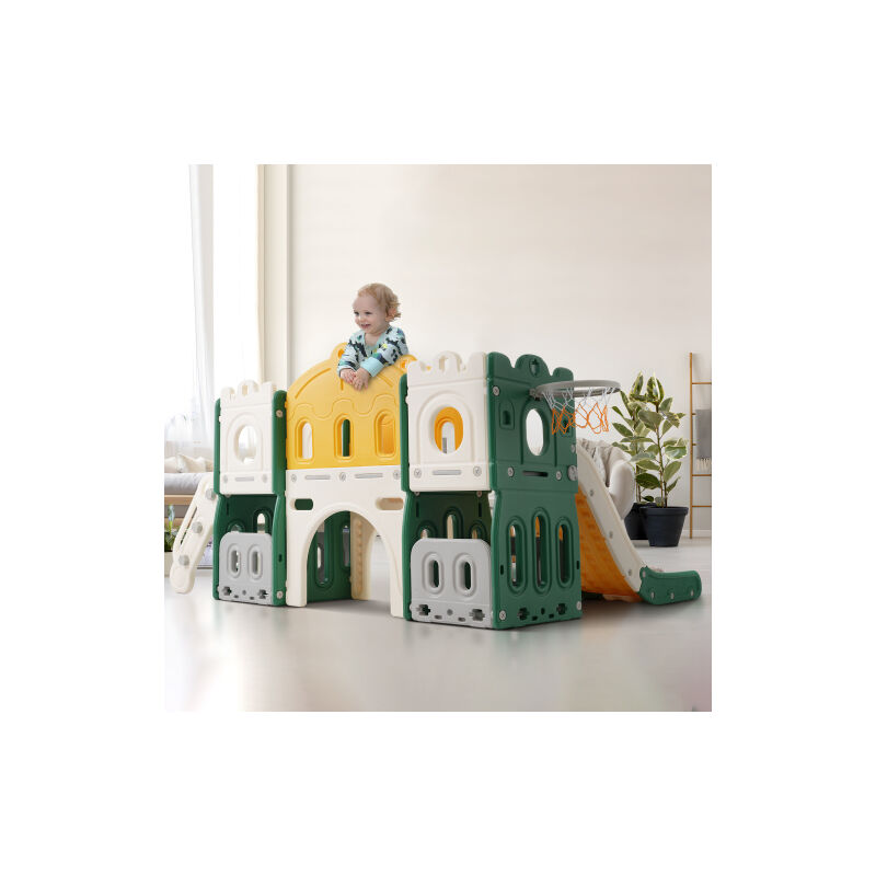 Aire de jeux 6 en 1 - Toboggan pour Enfants,Aire de Jeux intérieure et extérieure,- avec panier de basket, toboggan, espace de rangement,Escalade