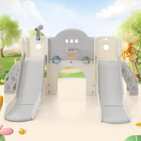 DANS LES NUAGES Aire de jeux 8 en 1, avec 2 toboggan, panier de basket, lasso, jumelles, échelle, en HDPE, Convient pour l'intérieur et l'extérieur - Vert