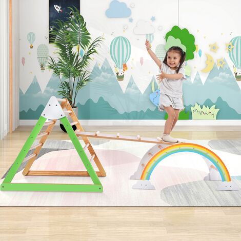 Aire de jeux arc-en-ciel d'intérieur 5 en 1 - triangle, triangle d'escalade avec toboggan, échelle d'escalade et arche d'escalade en bois, balançoire aire de jeux en bois pour enfants salle de spor