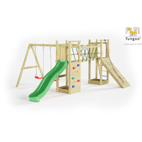Aire de jeux avec balançoire 2 sièges – Toboggan vert 2,2 m – Mur d'escalade – Pont en bois – 2 bacs à sable – Échelle en métal – Fungoo
