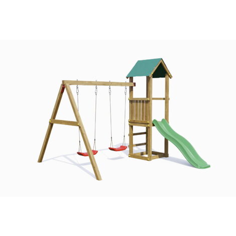 Aire de jeux avec toboggan vert 2,2m – Balançoire 2 sièges – Ancrage au sol – Matériaux FSC résistants à la pourriture – Fungoo
