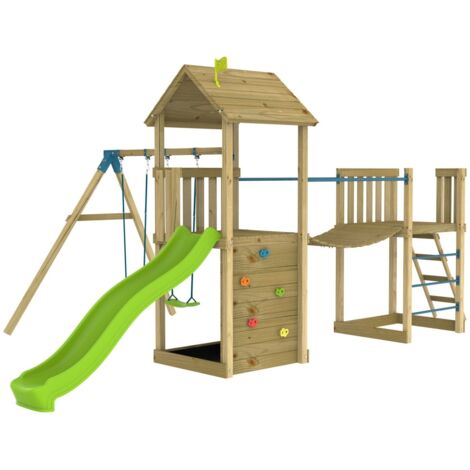 Aire de jeux BRUYÈRE SKYWOOD double plateformes - pont suspendu - balançoire - toboggan - bois FSC®