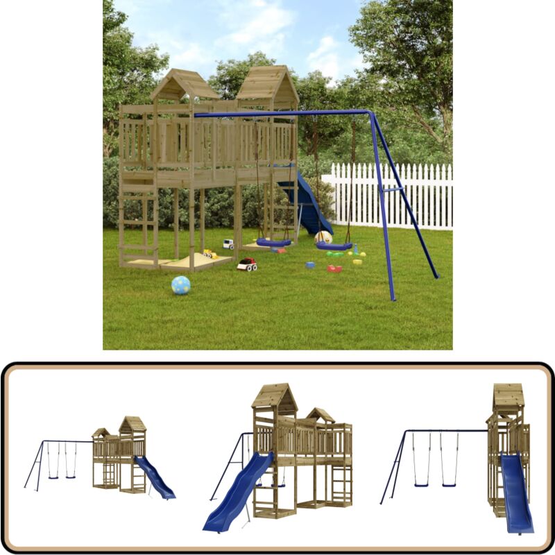 Aire de jeux d'extérieur bois de pin imprégné - Aire De Jeux Enfant - Jeux Extérieur - Jeux Bois - Toboggan - Balançoires