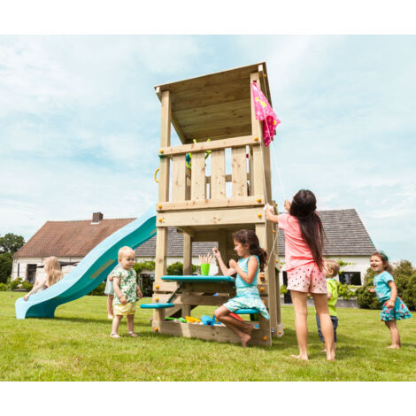 Aire de jeux en bois Cascade – Hauteur plateforme 120 cm – 2 toboggans – Bac à sable traité autoclave – Sécurisé pour enfants – Eden Partenaire Jardin