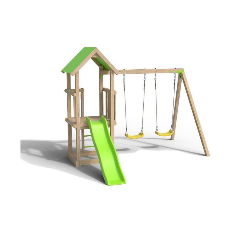 Trigano - Aire de jeux easy xperience, Plateforme 0,90m, bac a sable, toboggan 1,73m + extension portique 1,90m,2 balancoires