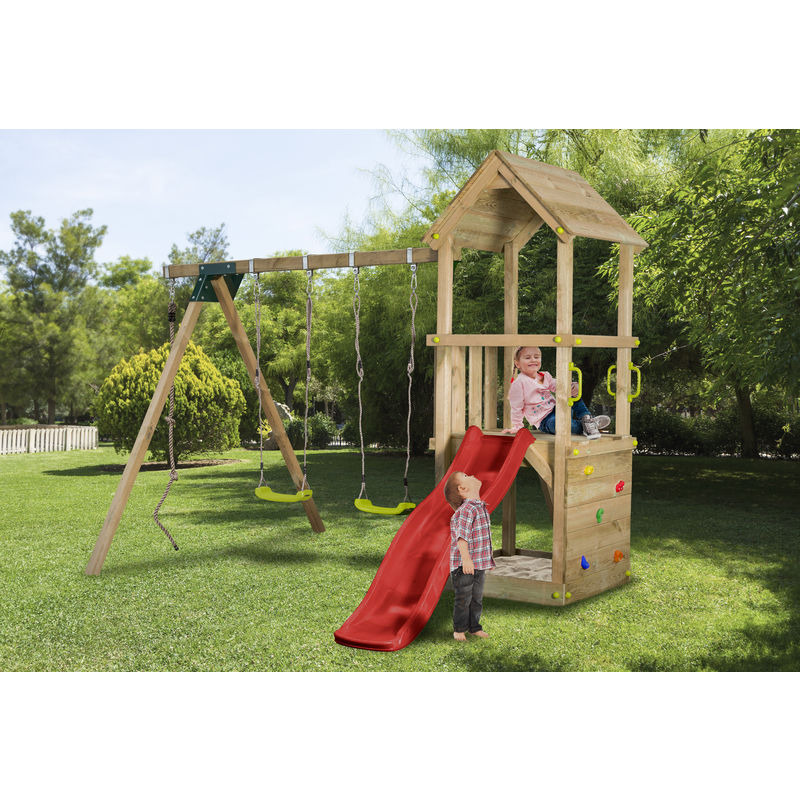 Aire de jeux en bois enfants 3-12 ans, toboggan rouge, 2 balancoires, bac a sable et mur d'escalade